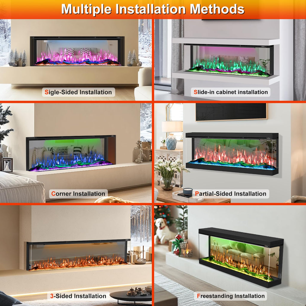 80 inch 3 Sided 3D Mirrored Electric Fireplace Inserts, Smart WiFi Built-in Linear Fire Place Heater 1500/750W with