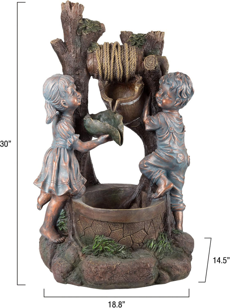 Boy and Girl Outdoor Water Fountain - Cascading Waterfall with Soothing Sounds and 4 LED Lights or Patio by (Antique
