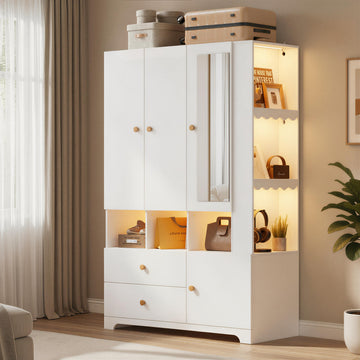 3‐Door Armoire Wardrobe Closet, 71" Bedroom Cabinet with Mirror