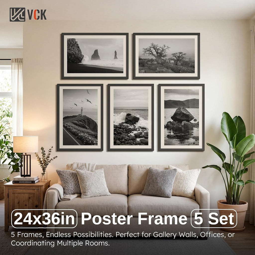 24x36 Poster Frame 5 Pack - Black Wood 24 x 36 Movie Poster Frames with Plexiglass for Wall Mounting