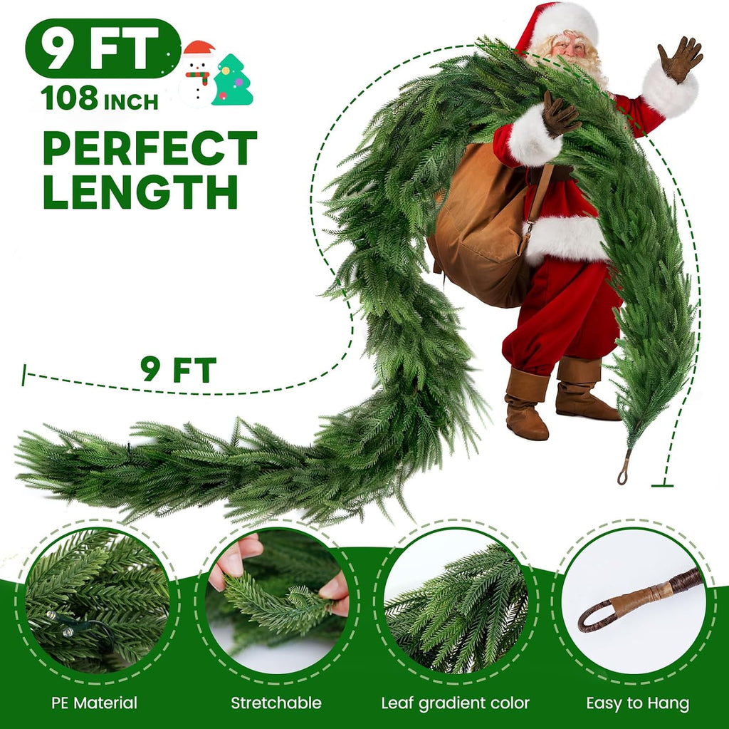 9 FT Artificial Norfolk Pine Garlands with Lights, Pre-Lit Christmas Garland, Real Touch Pine Artificial Faux