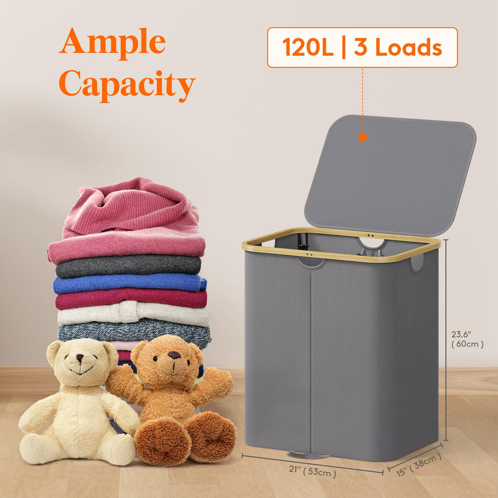 120L Double Laundry Hamper with Lid and Removable Bag, Gray