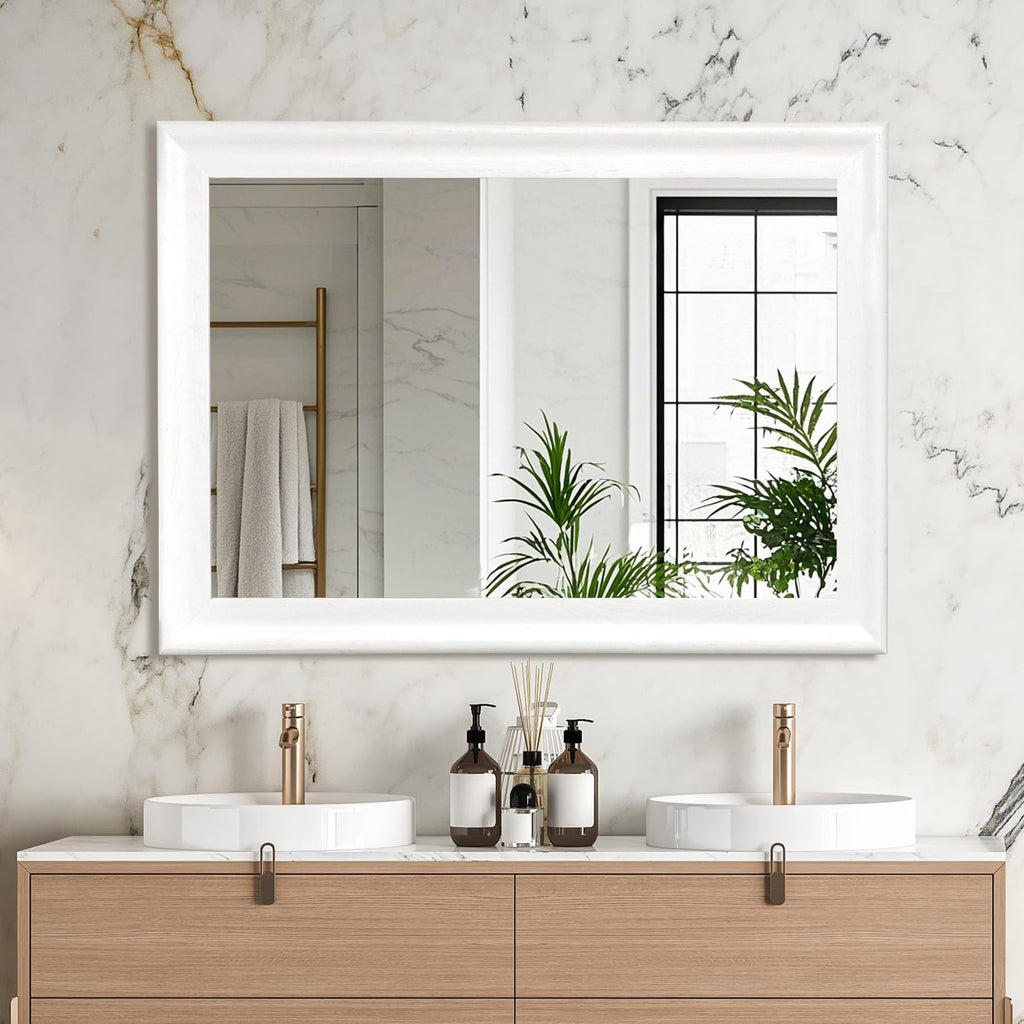 White Wood 30 x 40 Inch Mirror,Rectangle Vanity Wall Mirror