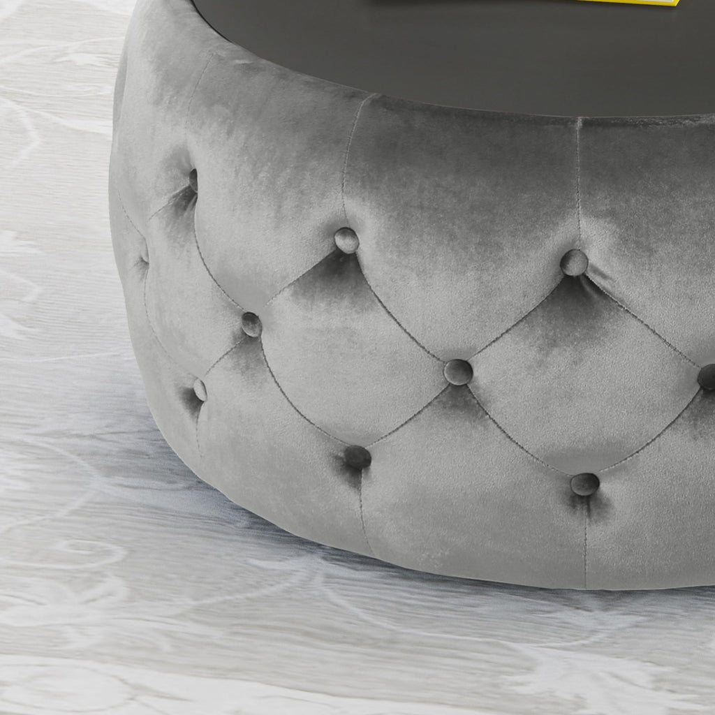 30" Round Velvet Ottoman Coffee Table, Button Tufted Coffee Table with Tempered Glass Top Modern Upholstered Tufted