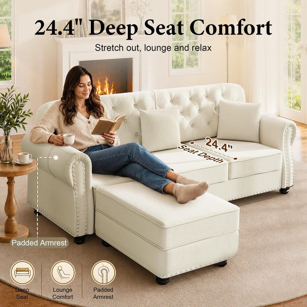 2-Piece Velvet Chesterfield Sofa Set with Ottoman, Deep Seat Button Tufted Couch with 3-Seater Sofa & Loveseat