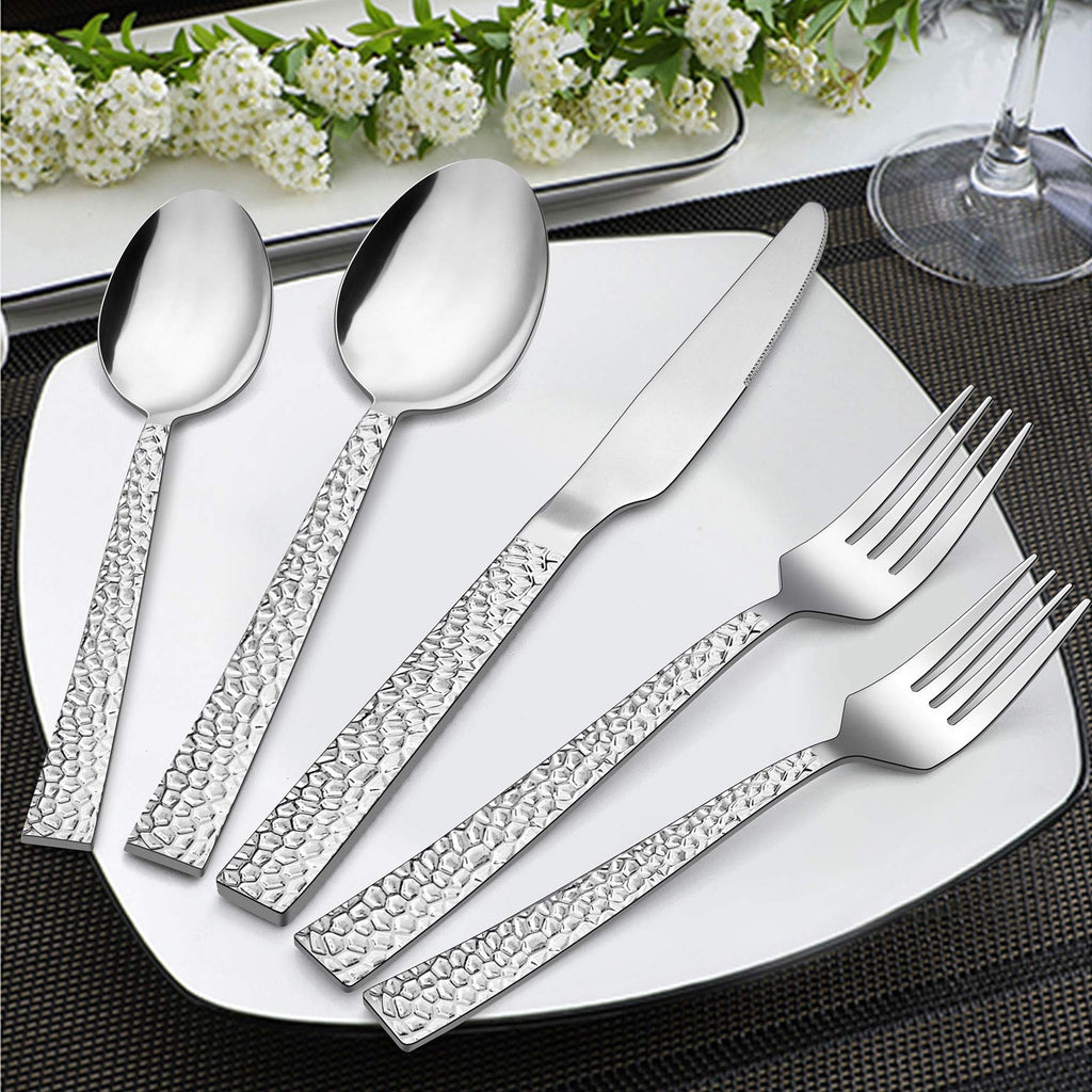 50-Piece Silverware Set for 10, Stainless Steel Flatware Set, Hammered Square Cutlery Eating Utensils Party Wedding