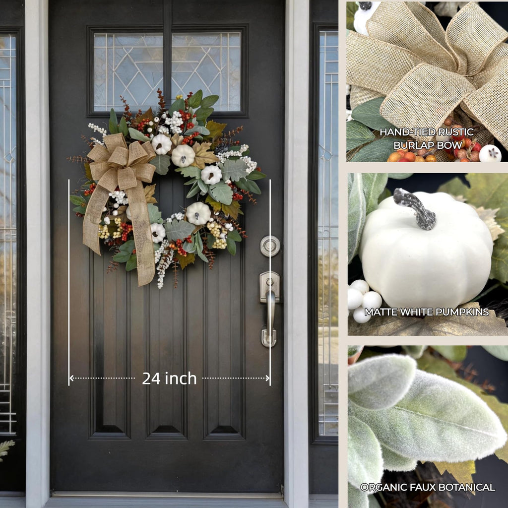 24 Inch Neutral Fall Wreath for Front Door with White Pumpkins & Bow