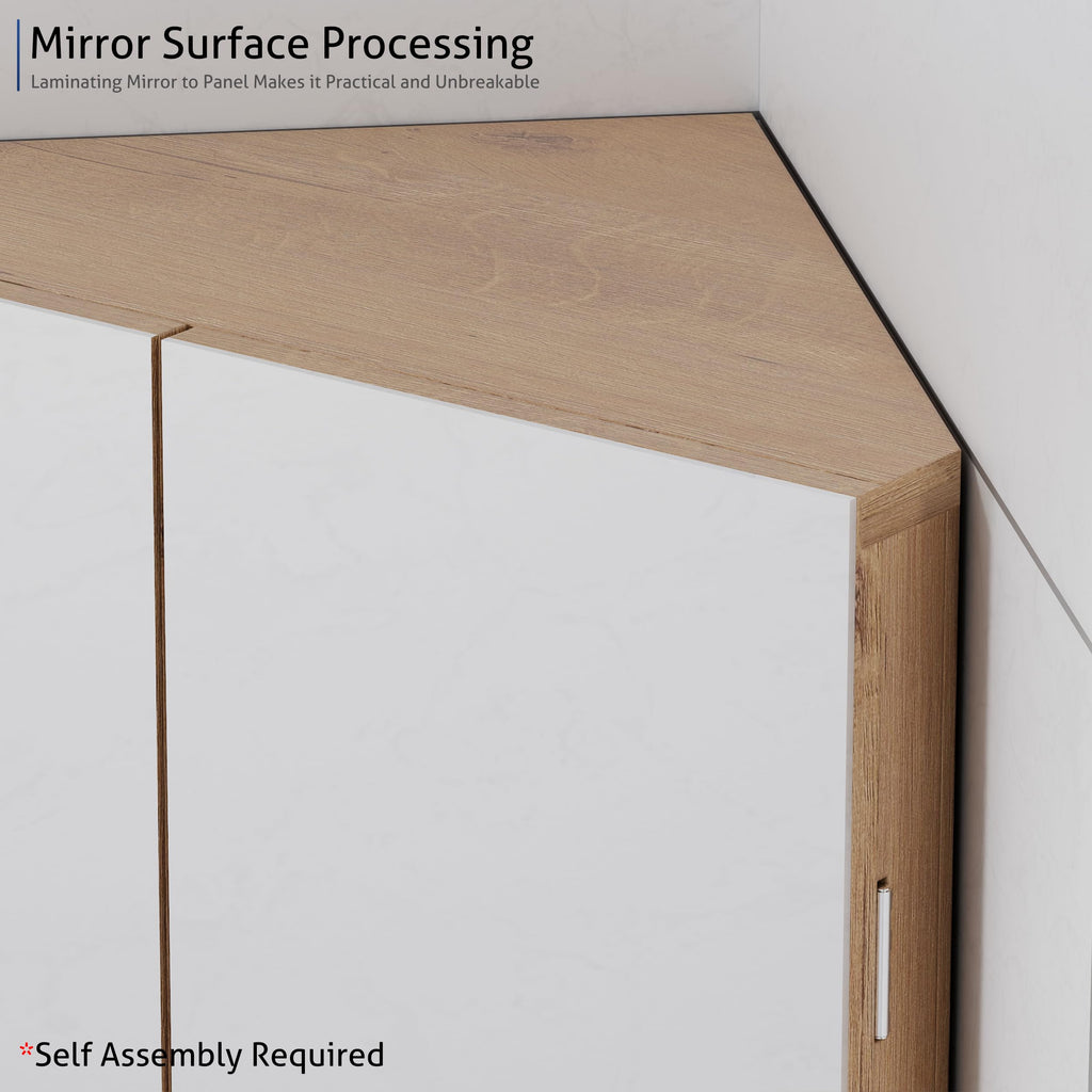 24" Bathroom Corner Medicine Cabinet W/Mirror, Double Doors Bathroom Nature Wall Mount Mirror Cabinet, Hanging Triple