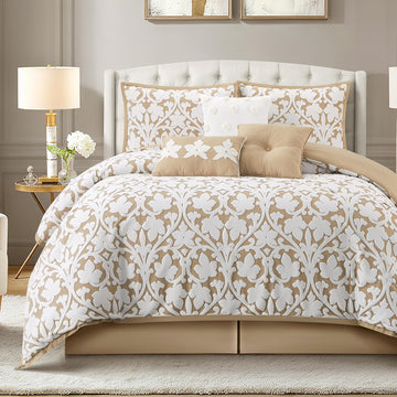 7 Pieces Comforter Set, Khaki, Jacquard Floral Pattern and Classy Damask Medallion Design, Ultra Soft, Includes