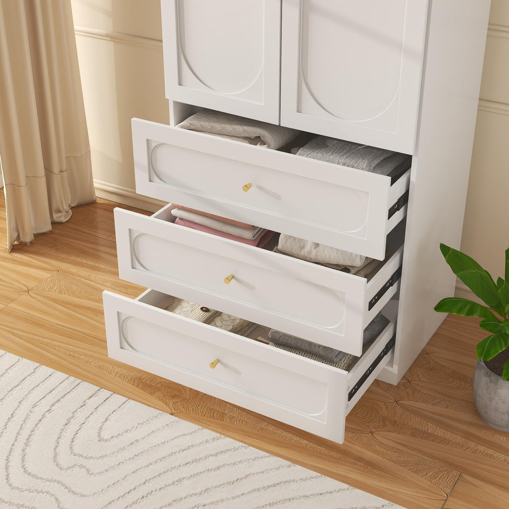 White Wooden Wardrobe Closet with 3 Drawers, 75" Tall x 32" Wide