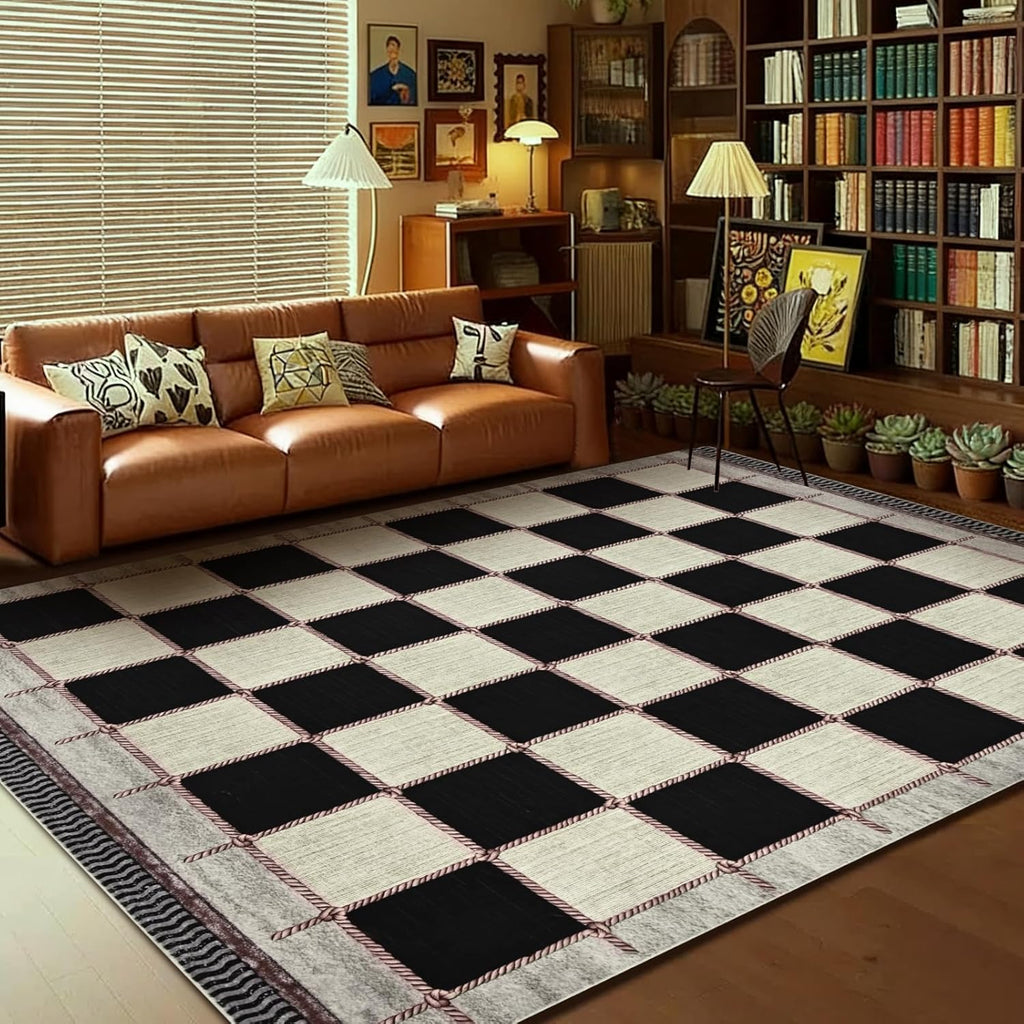 Checkered 8x10 Area Rugs, Washable Large Bedroom Rug