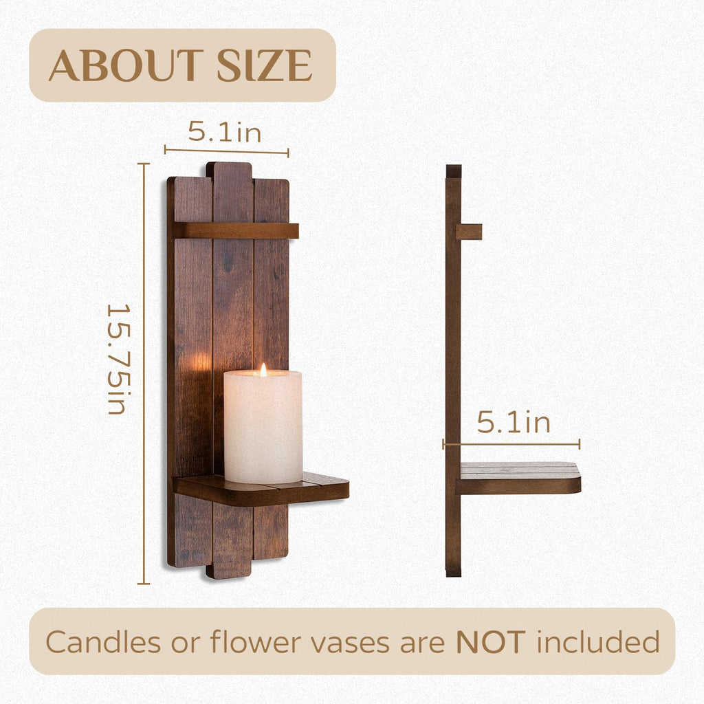 Wood Wall Candle Sconces Set of 2, Distressed Brown