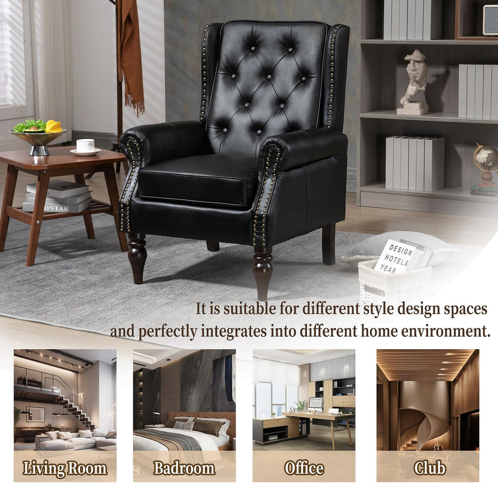 Mid-Century Wingback Chair, PU Leather Accent Chair Armchair with Buttons,Modern Living Room Chairs with Rivet