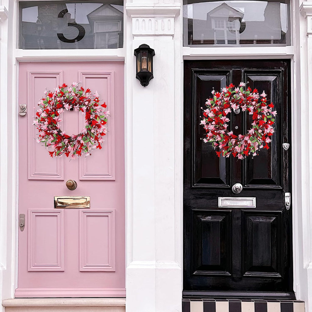20in Valentine's Day Wreath Artificial Pink Red Forsythia Spring Summer Fake Silk Wreath with Heart Berries Green