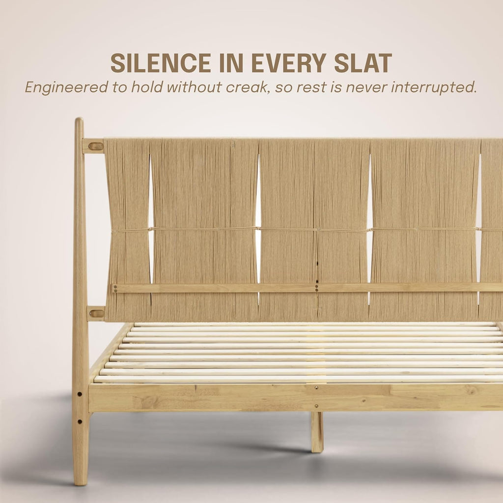 Marenzo Queen Platform Bed with Handwoven Headboard - American Oak Veneer, Solid Oak Legs, Artisan Craftsmanship