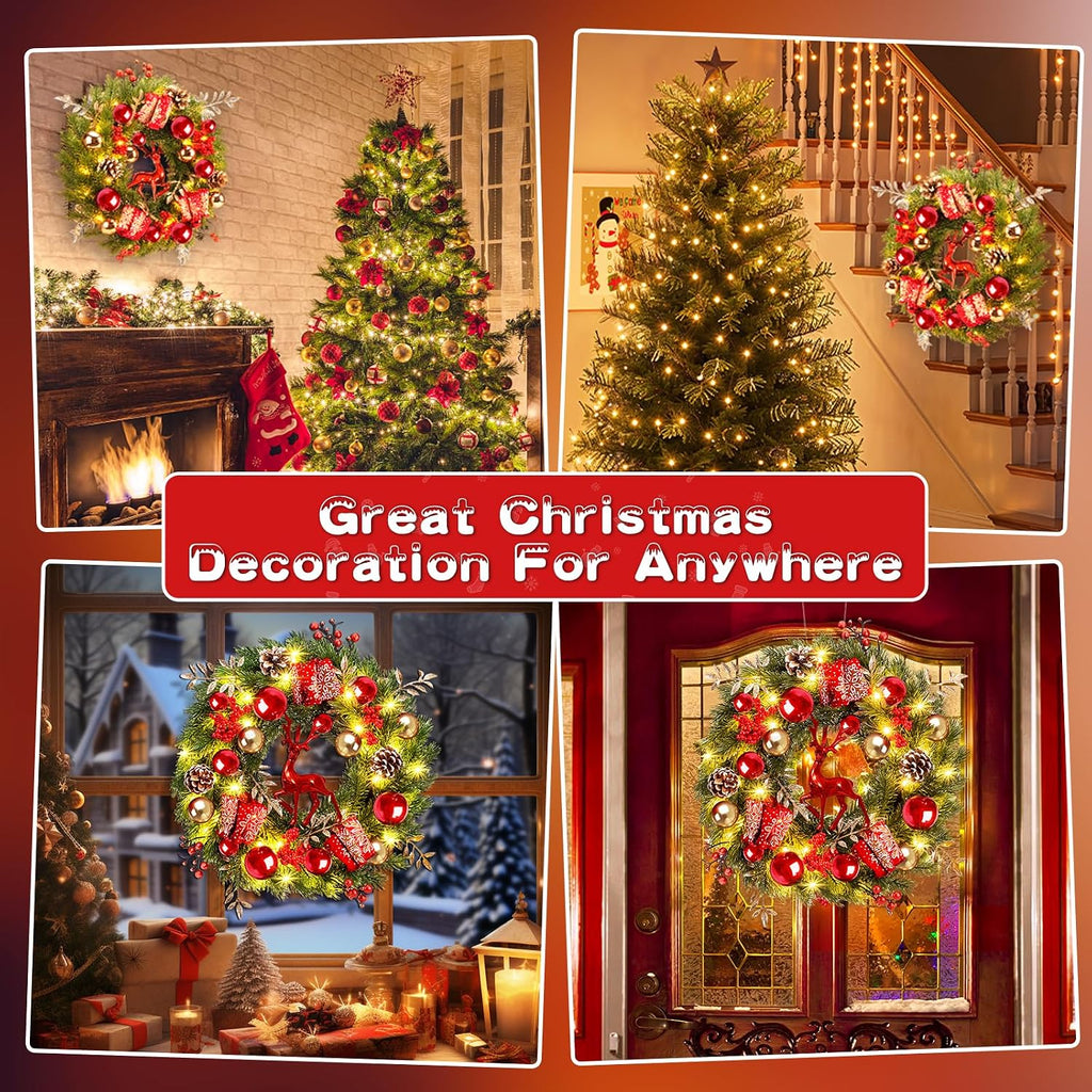 Lighted Christmas Wreath Front Door - 16'' Reindeer Winter Wreath with 8 Modes Timer, Red Gold Balls, Snowflakes