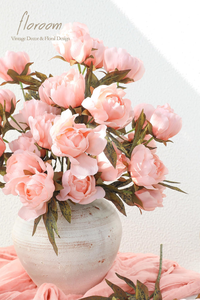 8pcs Blush Faux Silk Real Touch Peony Artificial with Stems, Bulk Fake Flower Branches for DIY Pink Wedding Bouquets