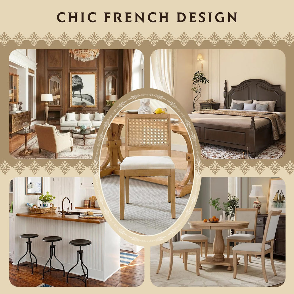 French Dining Chairs Set of 4, Vintage Louis Dining Chairs with Rattan Backrest, Wooden Framehouse Chairs