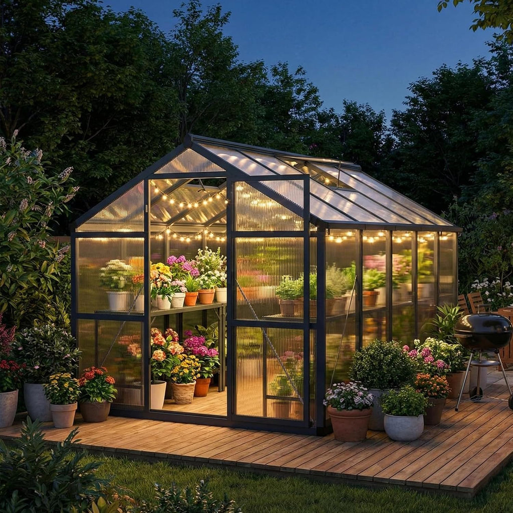 8x10ft Walk-in Greenhouse, Heavy Duty Large Outdoor Green House | Polycarbonate Garden Greenhouse with Roof Vent