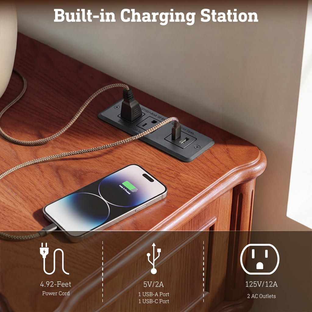 63" 9-Drawer with Power Outlet, Architectural Wood Storage Chest with Framed Drawers, Vintage Metal Pulls and Solid