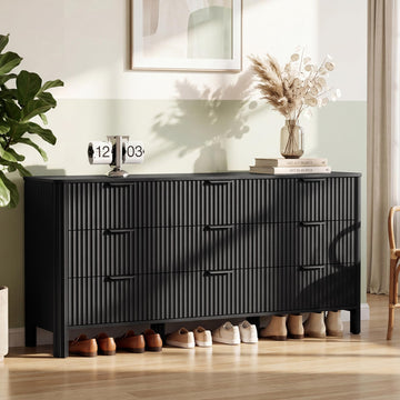 9 Drawer Black Dresser, 62" W Wood Storage Cabinet with Fluted Design, Modern Chest of Drawers & TV Stand Clothing