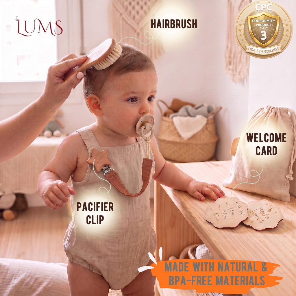 Baby Gift Basket - Newborn Gift Set 6 Pieces: Bamboo Blanket, Footprint Frame, Rattle, Comb, Pacifier Clip &