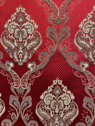 54" Renaissance Jacquard Drapery Upholstery Damask Stripe Diamond Fabric | Sold by The Yard (Damask RED)