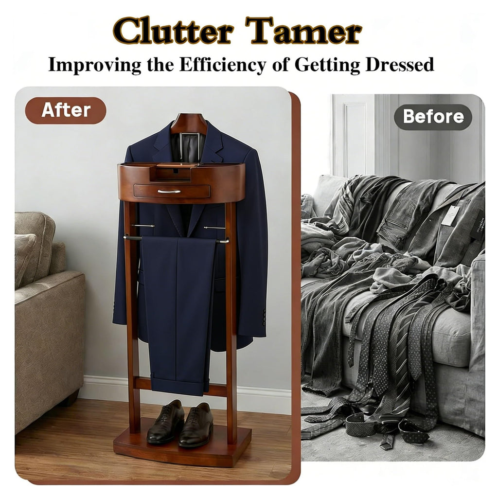 Wooden Valet Stand for Men and Women, Freestanding Suit Organizer with Drawer, Tray & Trouser Bar, Clothes Valet