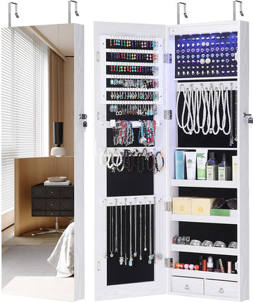 Full Length Mirror Jewelry Cabinet, 6 LEDs Jewelry Armoire Wall Mounted Over The Door Hanging, Jewelry Organizer