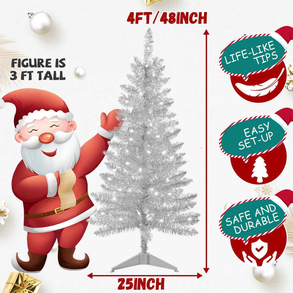4ft Artificial Full Silver Christmas Tree with Separate Lights, Not Pre-lit Mini Silver Tinsel Pine Christmas Tree