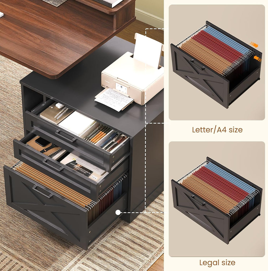 Farmhouse Electric Standing Desk with 3 Drawers and File Cabinet | 55" Height Adjustable Computer Desk with Storage