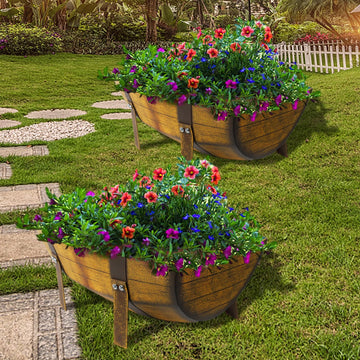 15.43In 2 Pack Rustic Barrel Planters, Decorative Outdoor Garden Backyard Planter with Legs, Metal Flower Pot Half