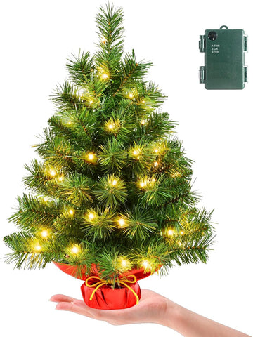 Pre-lit 2ft Small Christmas Tree, Artificial mini Christmas Tree with 50 LED Lights, Battery Operated Tabletop Xmas