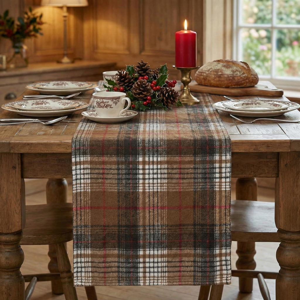 Coffee Brown Farmhouse Plaid Retro Fall Table Runner, Thanksgiving Rustic Holiday Check Kitchen Dining Table