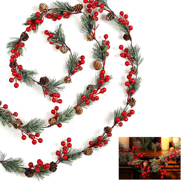 2 Pcs 19.68 ft Christmas Garlands Total Smokey Pine Garland with Red Berry Pine Cone Christmas Greenery Garland