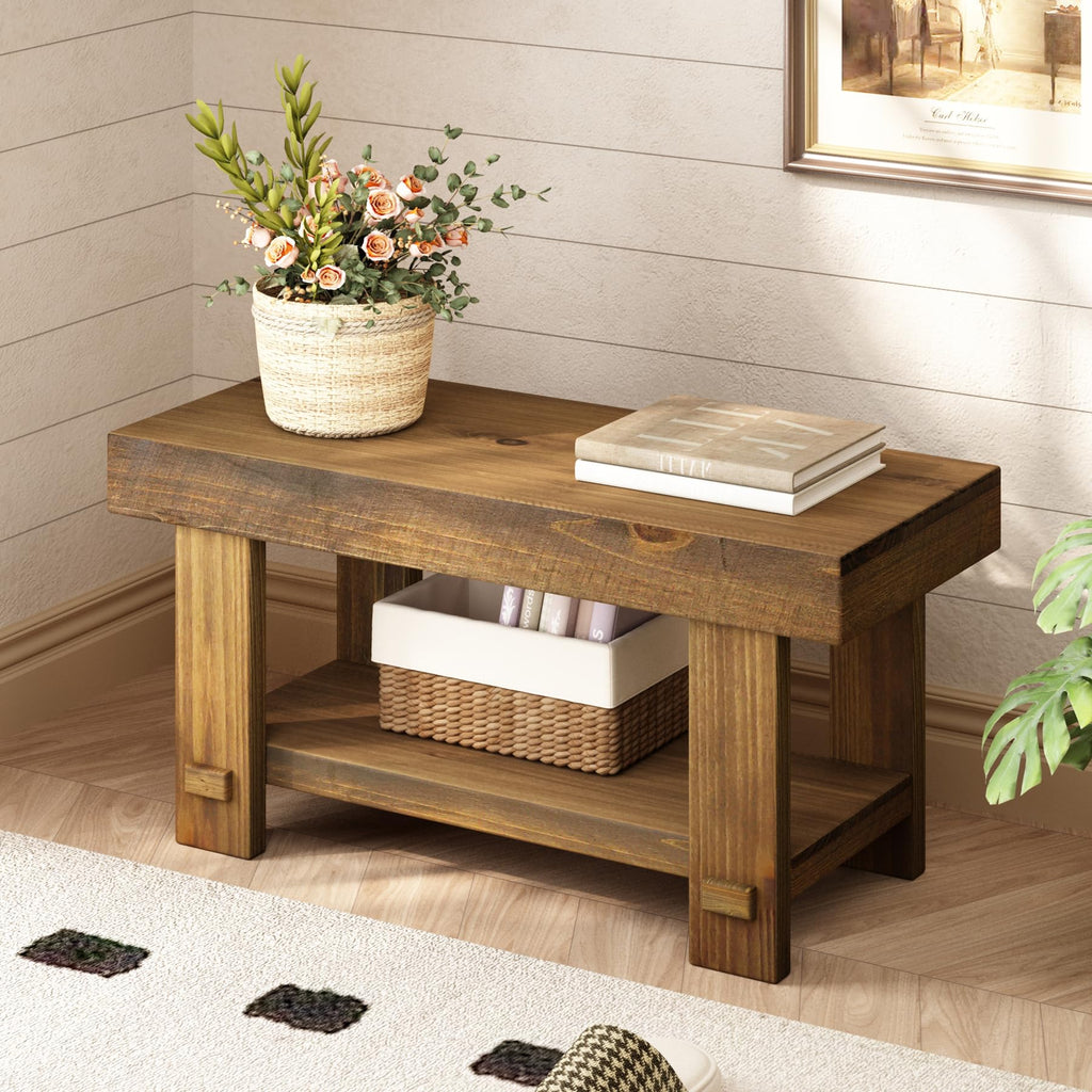 Solid Wood Entryway Bench - 31.5" Farmhouse Small Narrow Benches