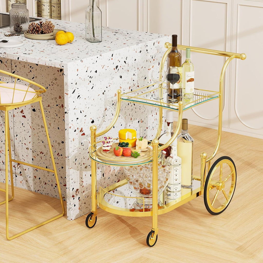 Rolling Serving Cart, 3-Tier Metal Bar Cart with Tempered Glass, 4 Wheels Tea Serving Bar Cart , Gold