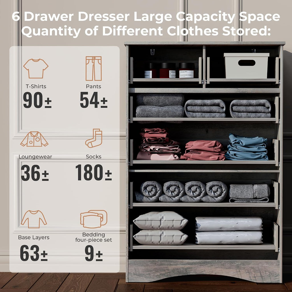 48'' Tall Grey Dresser with 6 Drawers Chest of Drawers , Large Storage Organizer for Clothes, Taupe Grey