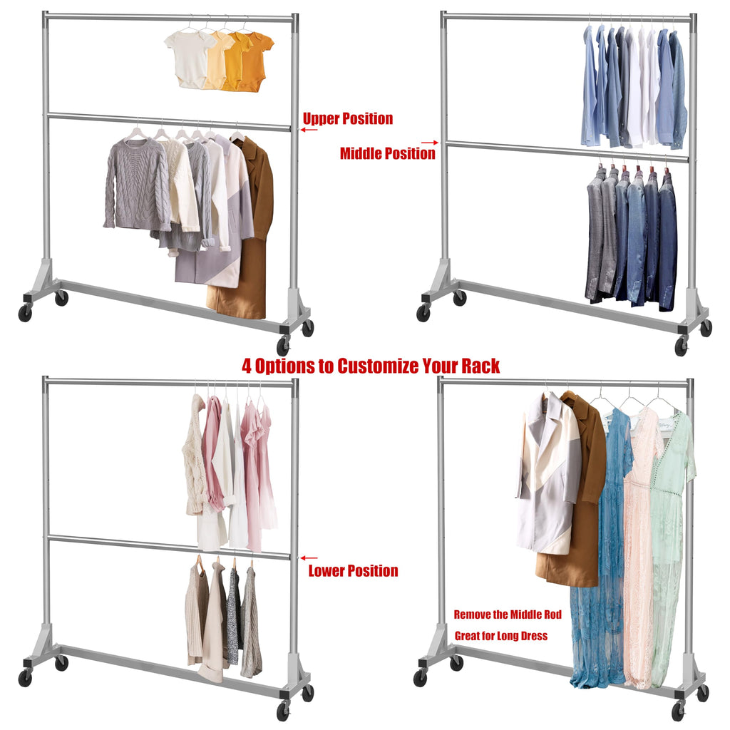 Commercial Grade Z-Base Double Rod Garment Rack, Silver