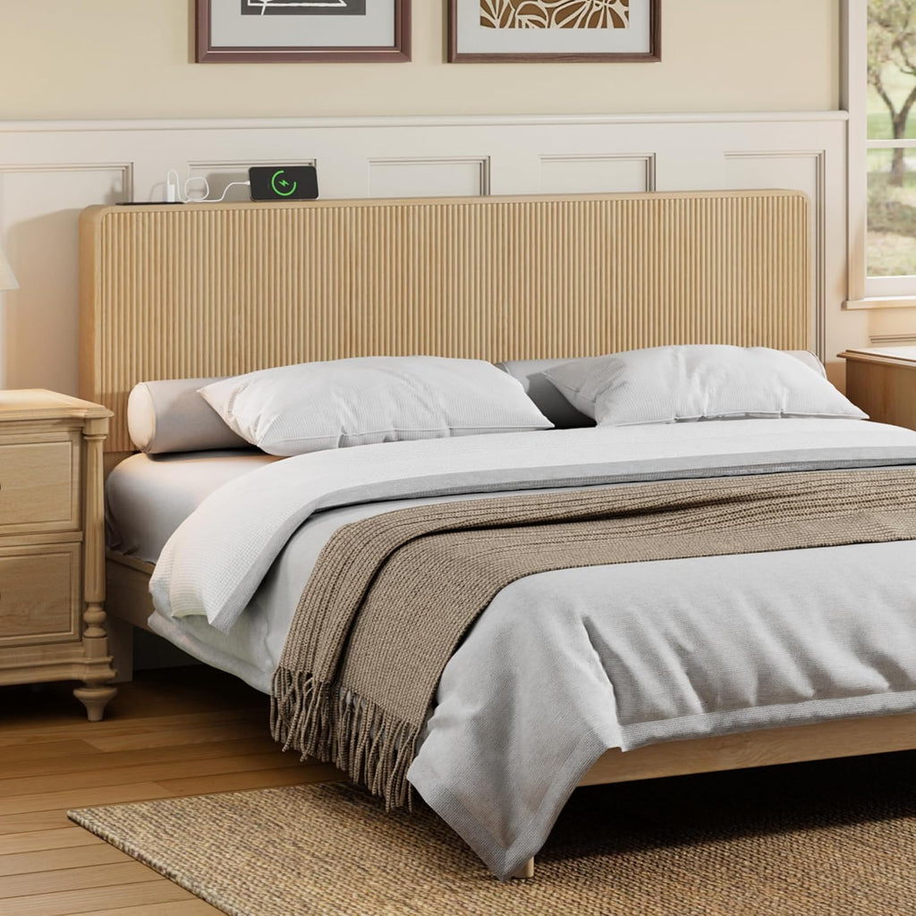 Wood Fluted Headboard King, Modern Wall Mounted Headboard King Headboard Only with 2 Outlets and USB & Type C Port