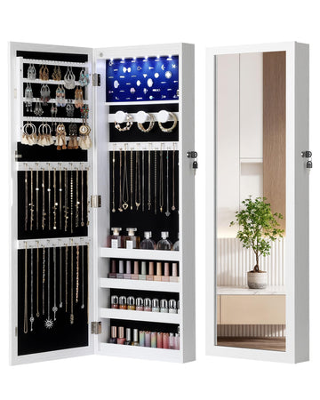 6 LEDs Jewelry Armoire, Hanging Mirror Jewelry Cabinet, White