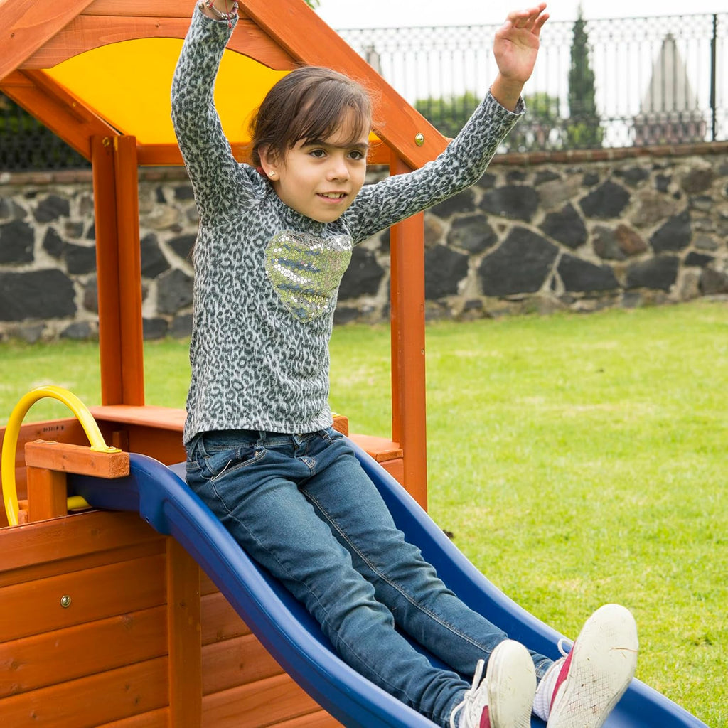 Encinitas Wooden Playhouse with 4' Slide, Yellow Canopy & Table, Outdoor Backyard Playhouse for Kids with Ladder
