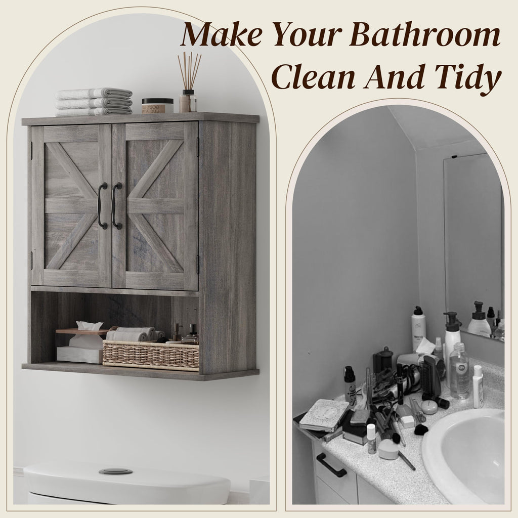 Farmhouse Bathroom Cabinet Wall Mounted, Washed Grey Small Medicine Cabinet with Adjustable Shelf, Bathroom Cabinet