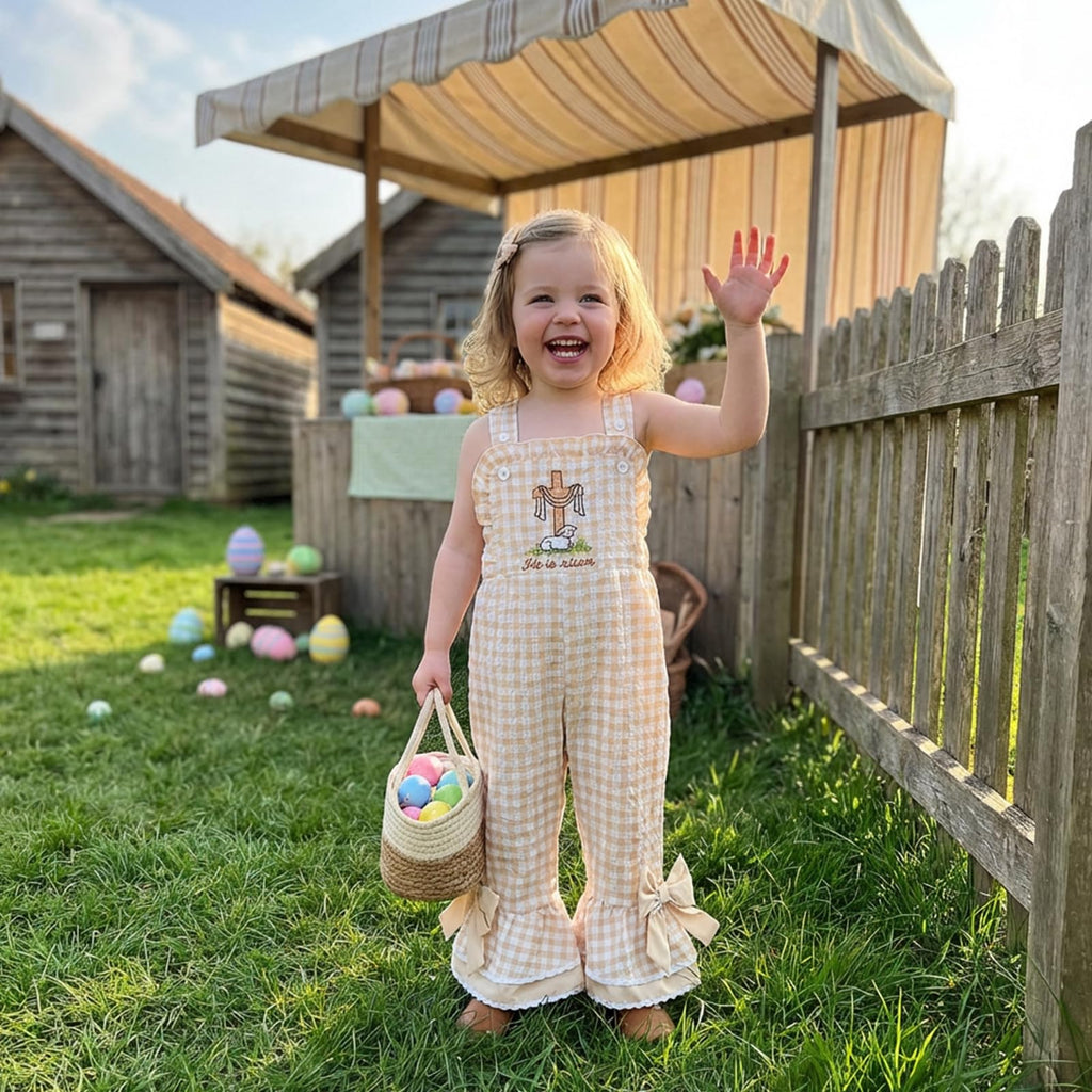 Toddler Baby Girl Easter Outfit Ruffle Bell-Bottom Bunny Embroidery Jumpsuit Romper Overalls Clothes (Easter Khaki