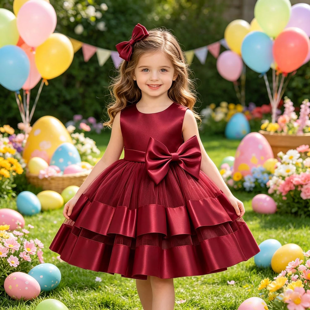 Toddler Girl Bowknot Backless Tutu Gown Ruffle Lace Tulle Dress Baby Party Dresses with Headwear