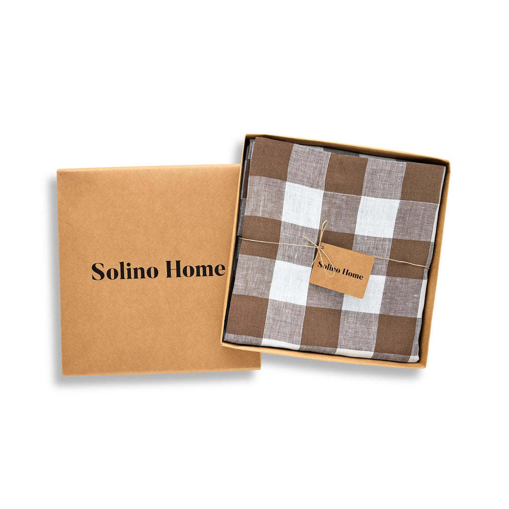 Linen Buffalo Plaid Tablecloth, 60x108 In, Brown and White