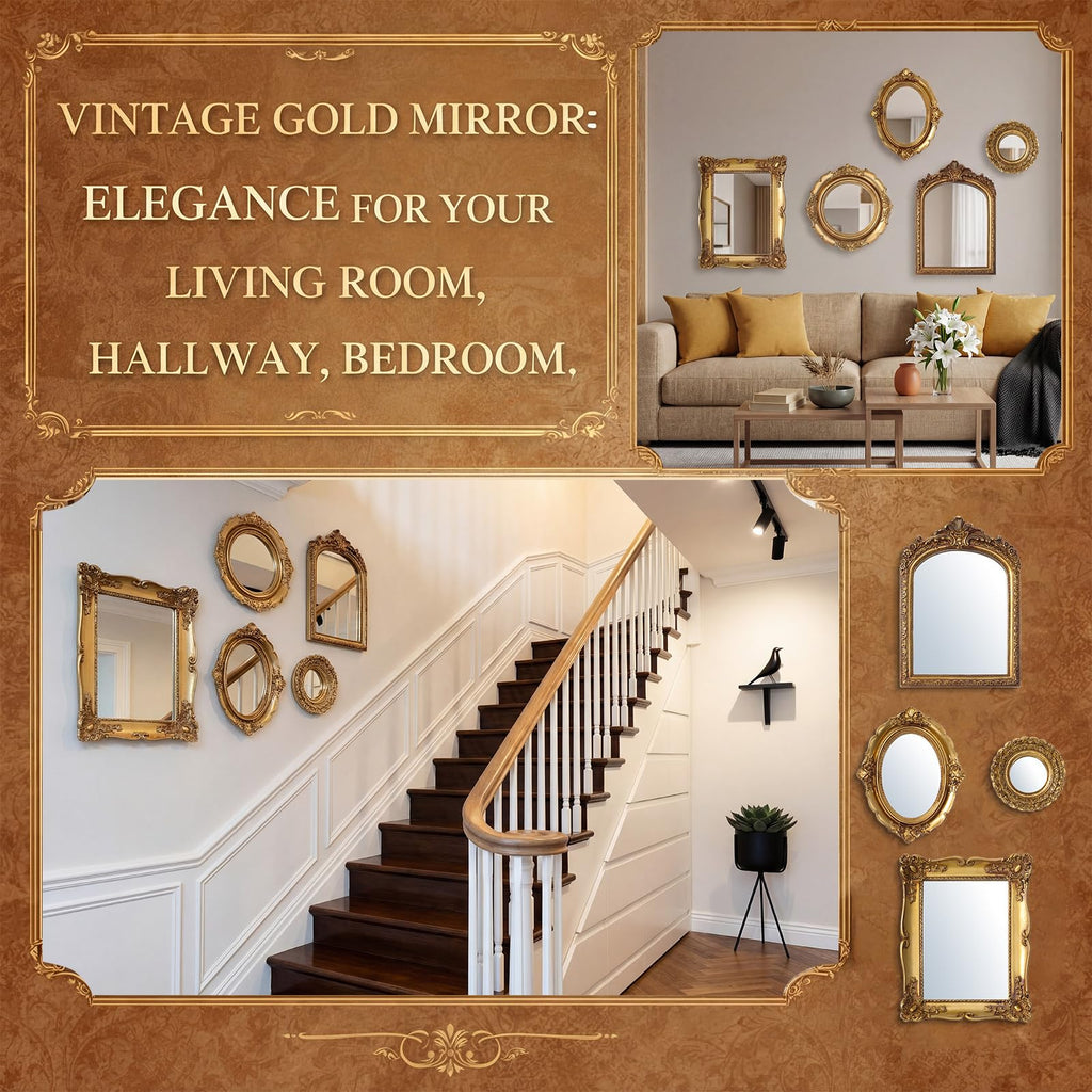 5 Pcs Vintage Gold Wall Mirror Set, 10in/8in/7in/4in, Stylish Style