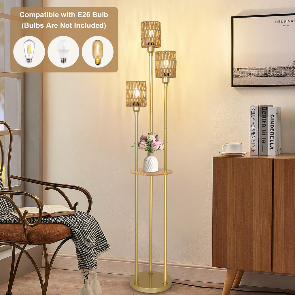 Boho Floor Lamp with Shelves, 3-Lights Farmhouse Tall Floor Lamp with ON/Off Foot Switch, Gold Modern Floor Lamps