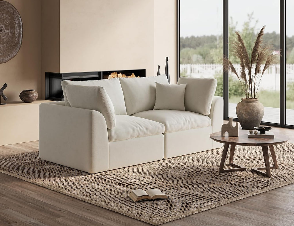110" Cloud Sectional Couches , Boneless U Shaped Couch with Ottoman, 3 Seater Modular Sectional Sofa, Warm White