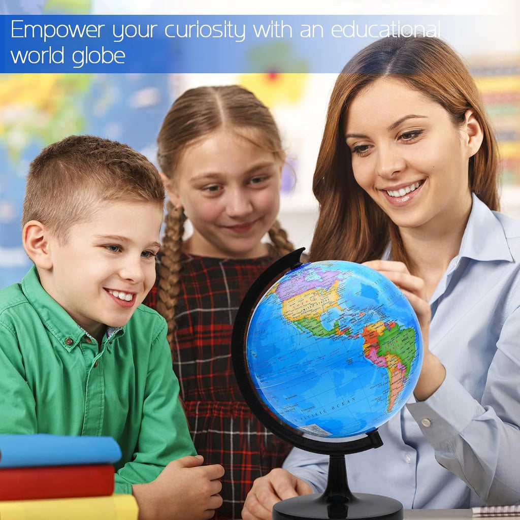 World Globe for Kids Learning, 8 inch Interactive Spinning Earth Globe for Children with Stand, Self-Assembled World